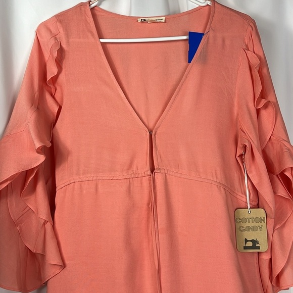 NWTCOTTON CANDY ruffle sleeve pull tie bodice midi length lined dress Sz M Coral - Picture 4 of 9
